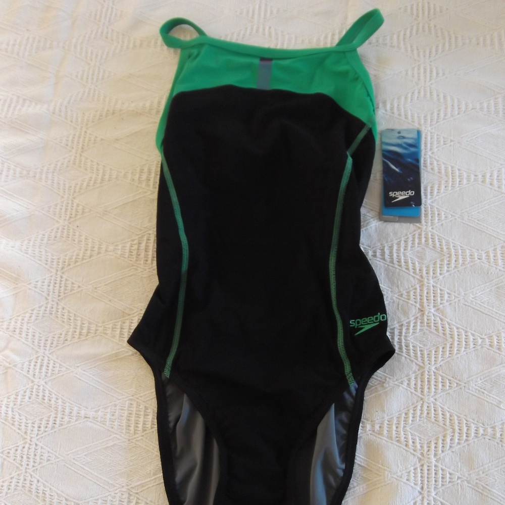 NWT Speedo PowerPLUS Black Green One Piece Swim Su